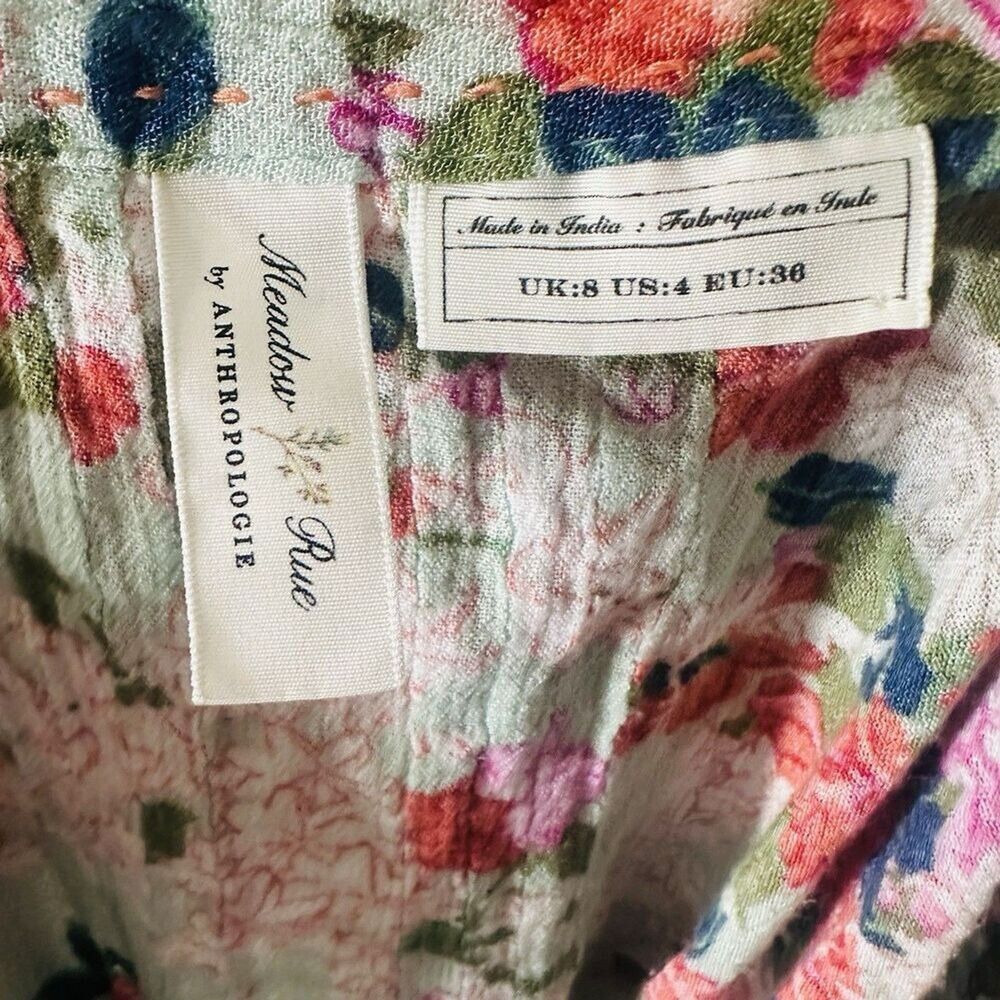 Anthropologie Meadow Rue Top Mint Sage Green SZ S Floral Cottagecore Peasant - Picture 9 of 10